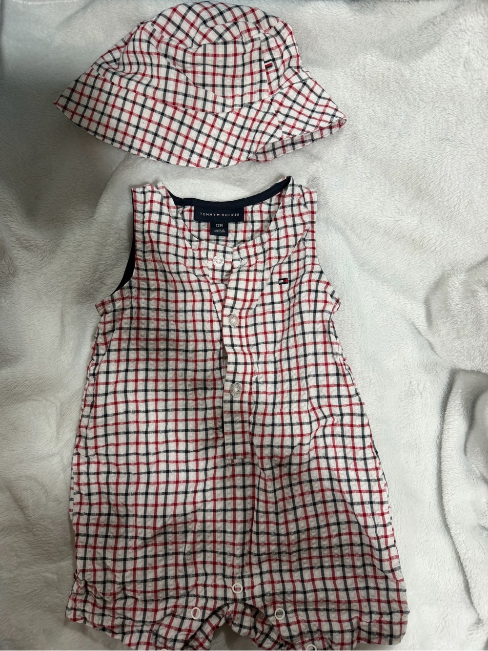 Tommy Hilfiger Red, White & Navy Plaid Baby Romper with Matching Hat